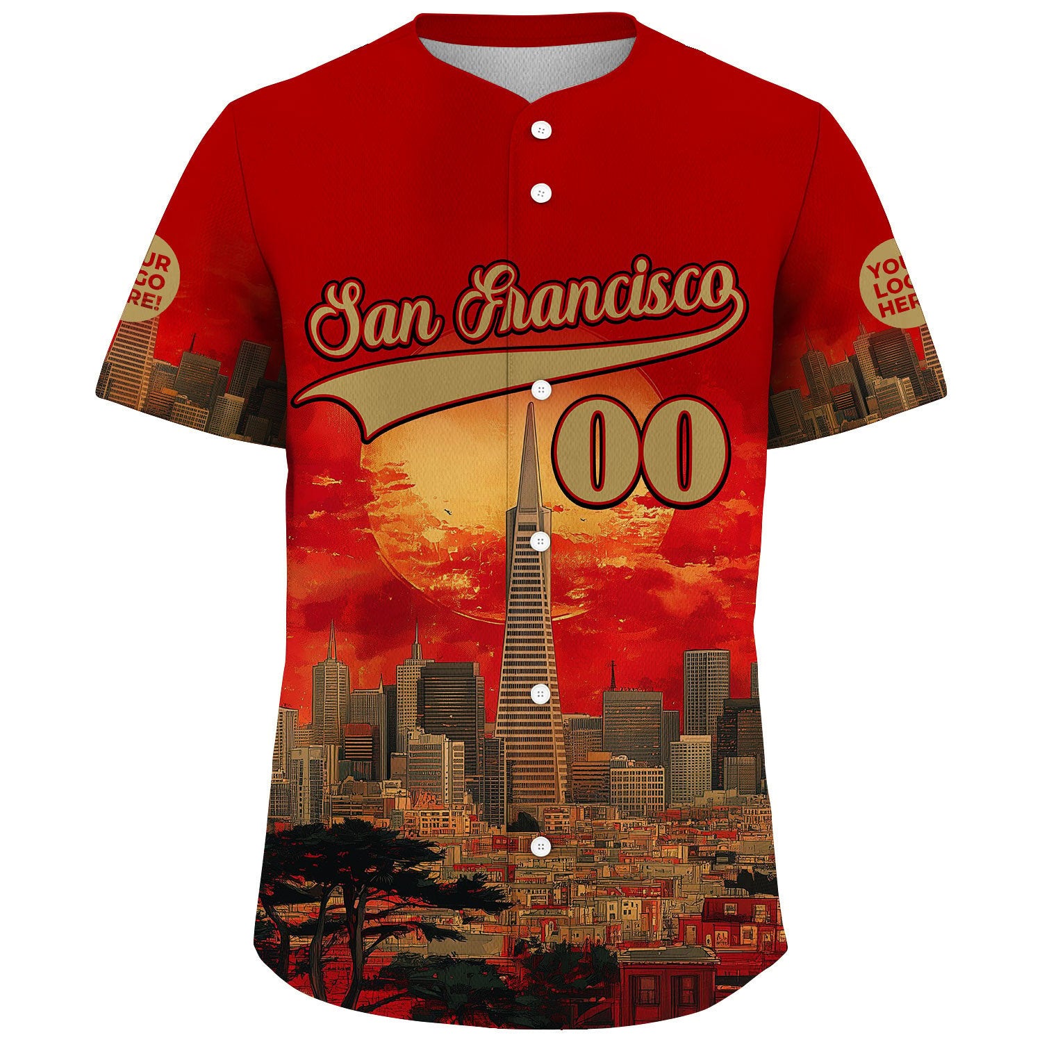 Gold Scarlet Red San Francisco California Transamerica Pyramid Summer Sunset City View Custom Name Baseball Jerseys For Men & Women