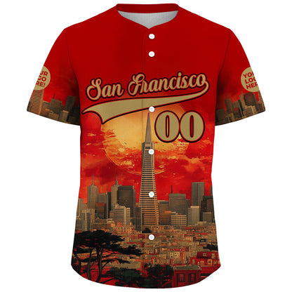 Gold Scarlet Red San Francisco California Transamerica Pyramid Summer Sunset City View Custom Name Baseball Jerseys For Men & Women