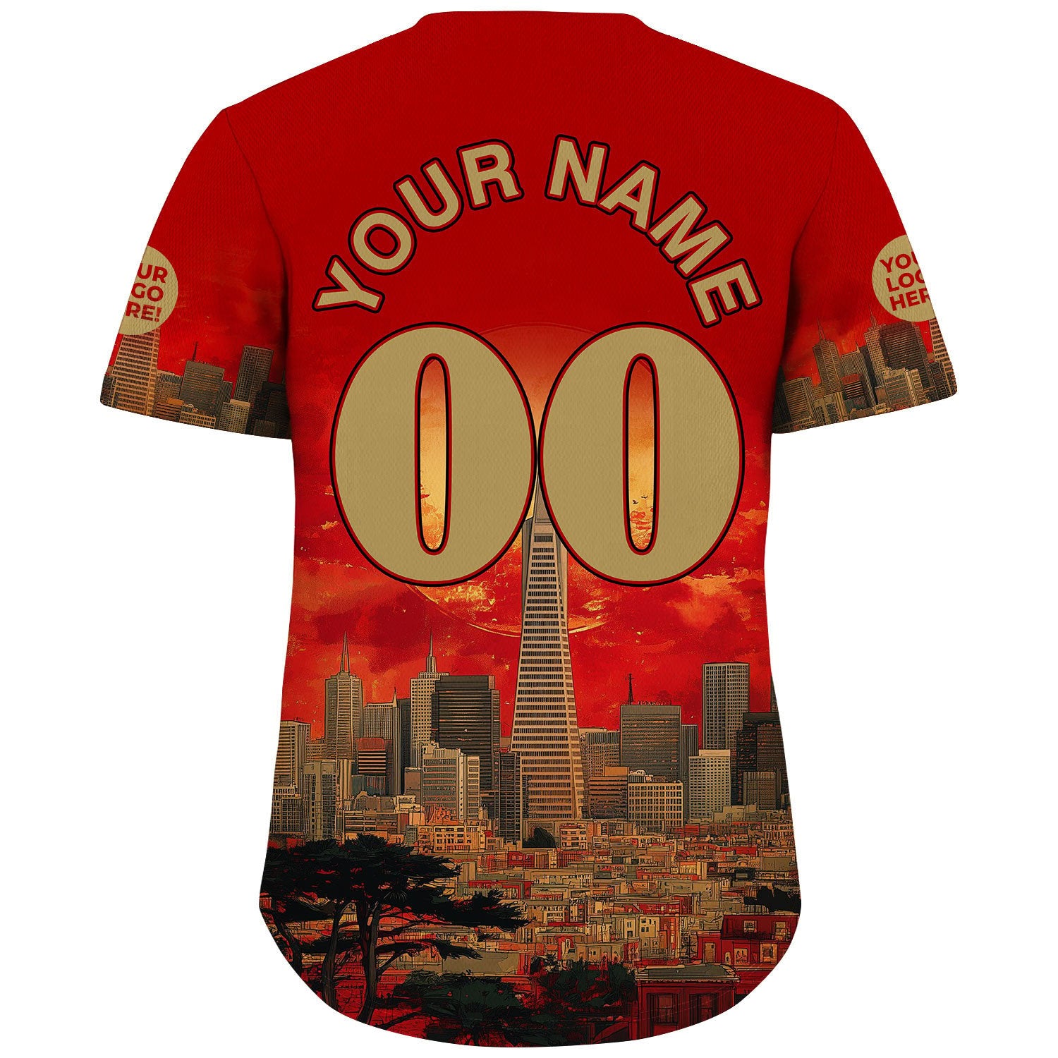 Gold Scarlet Red San Francisco California Transamerica Pyramid Summer Sunset City View Custom Name Baseball Jerseys For Men & Women