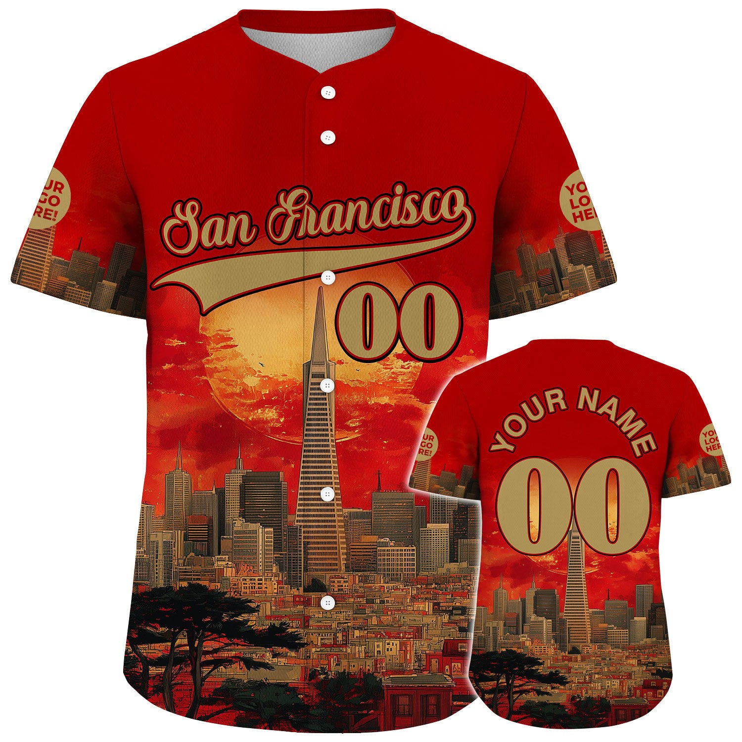 Gold Scarlet Red San Francisco California Transamerica Pyramid Summer Sunset City View Custom Name Baseball Jerseys For Men & Women