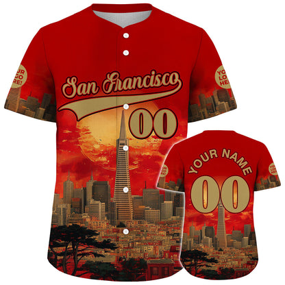 Gold Scarlet Red San Francisco California Transamerica Pyramid Summer Sunset City View Custom Name Baseball Jerseys For Men & Women