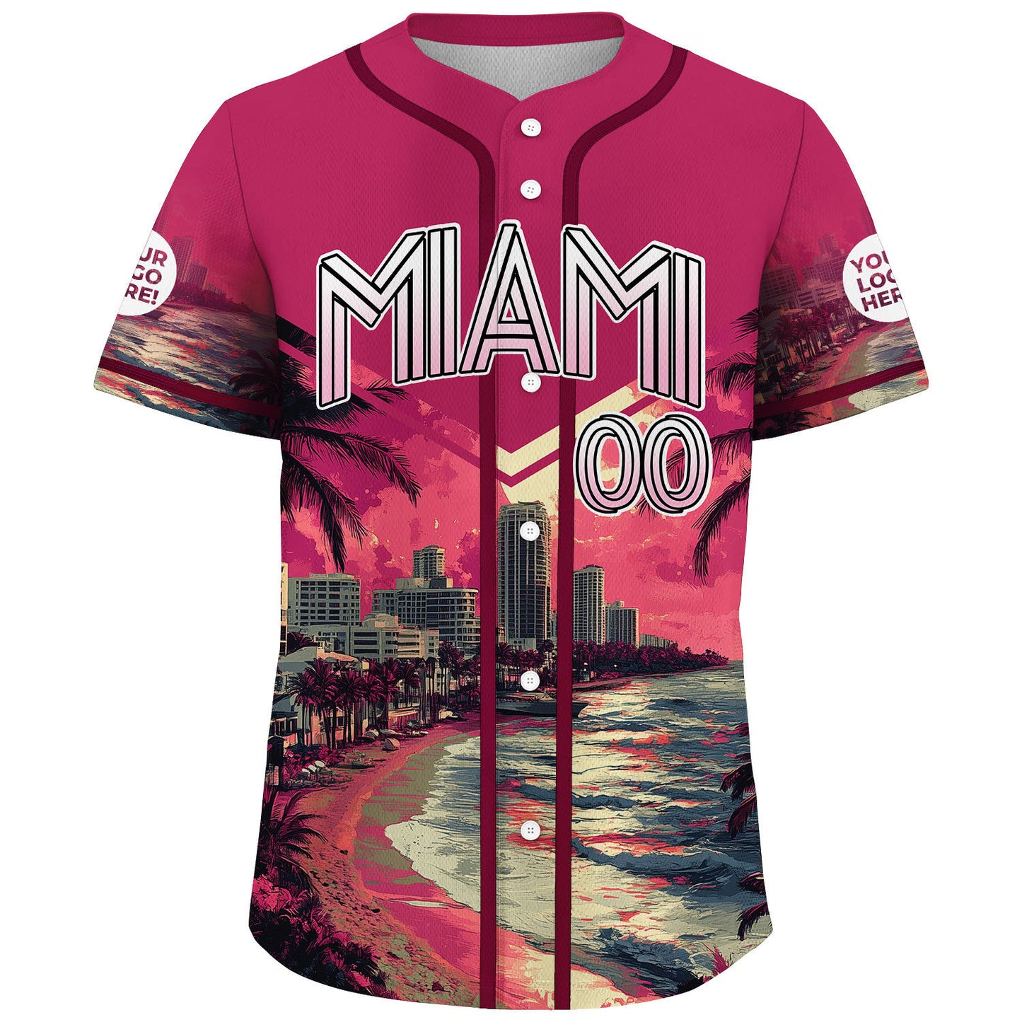 Black Pink Miami Florida Palm Tree City Backdrop Sunset Vibe Custom Name Baseball Jerseys For Men & Women