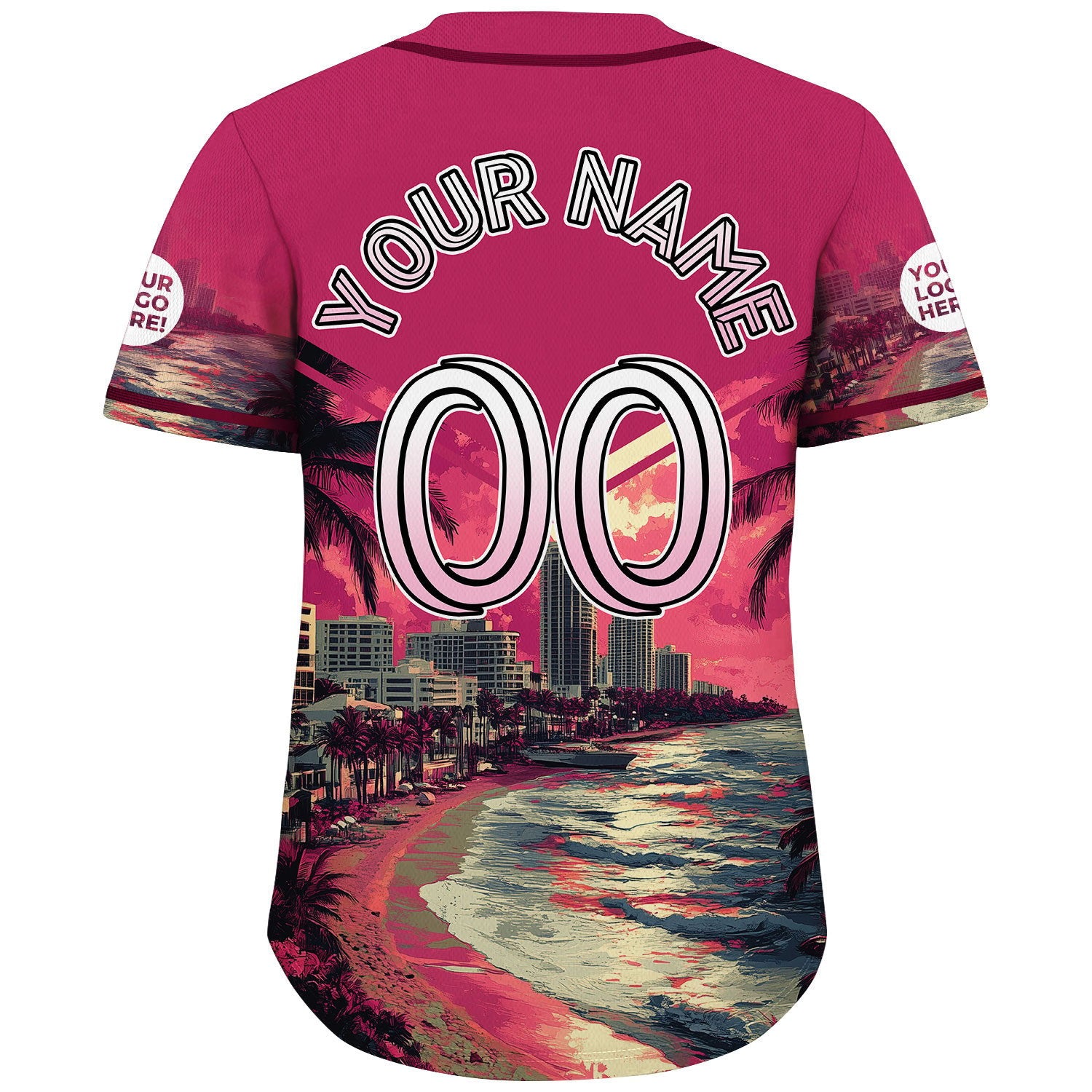 Black Pink Miami Florida Palm Tree City Backdrop Sunset Vibe Custom Name Baseball Jerseys For Men & Women