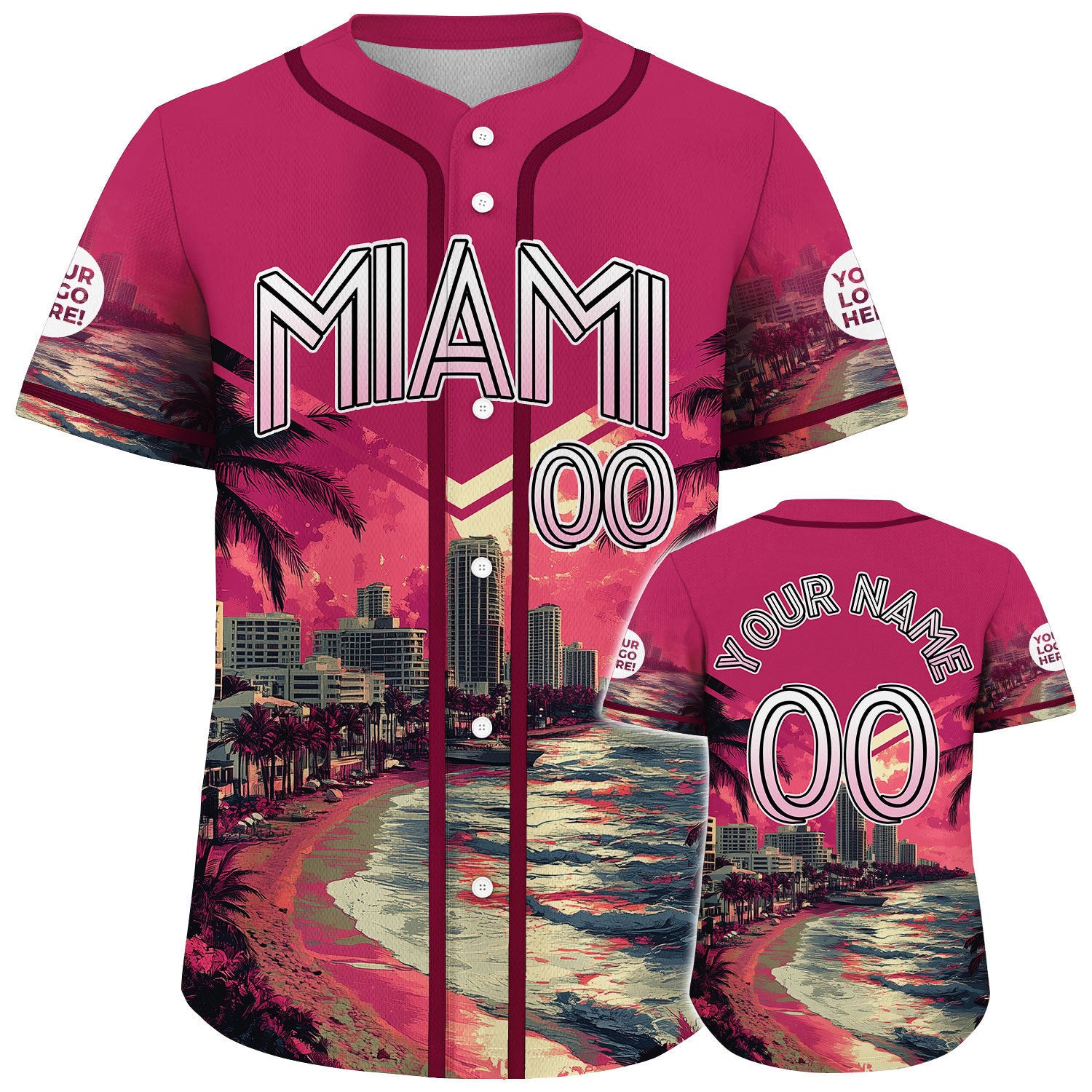 Black Pink Miami Florida Palm Tree City Backdrop Sunset Vibe Custom Name Baseball Jerseys For Men & Women