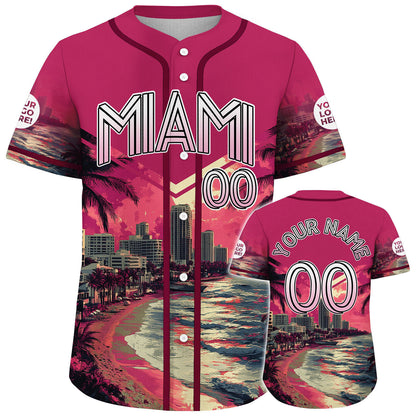 Black Pink Miami Florida Palm Tree City Backdrop Sunset Vibe Custom Name Baseball Jerseys For Men & Women