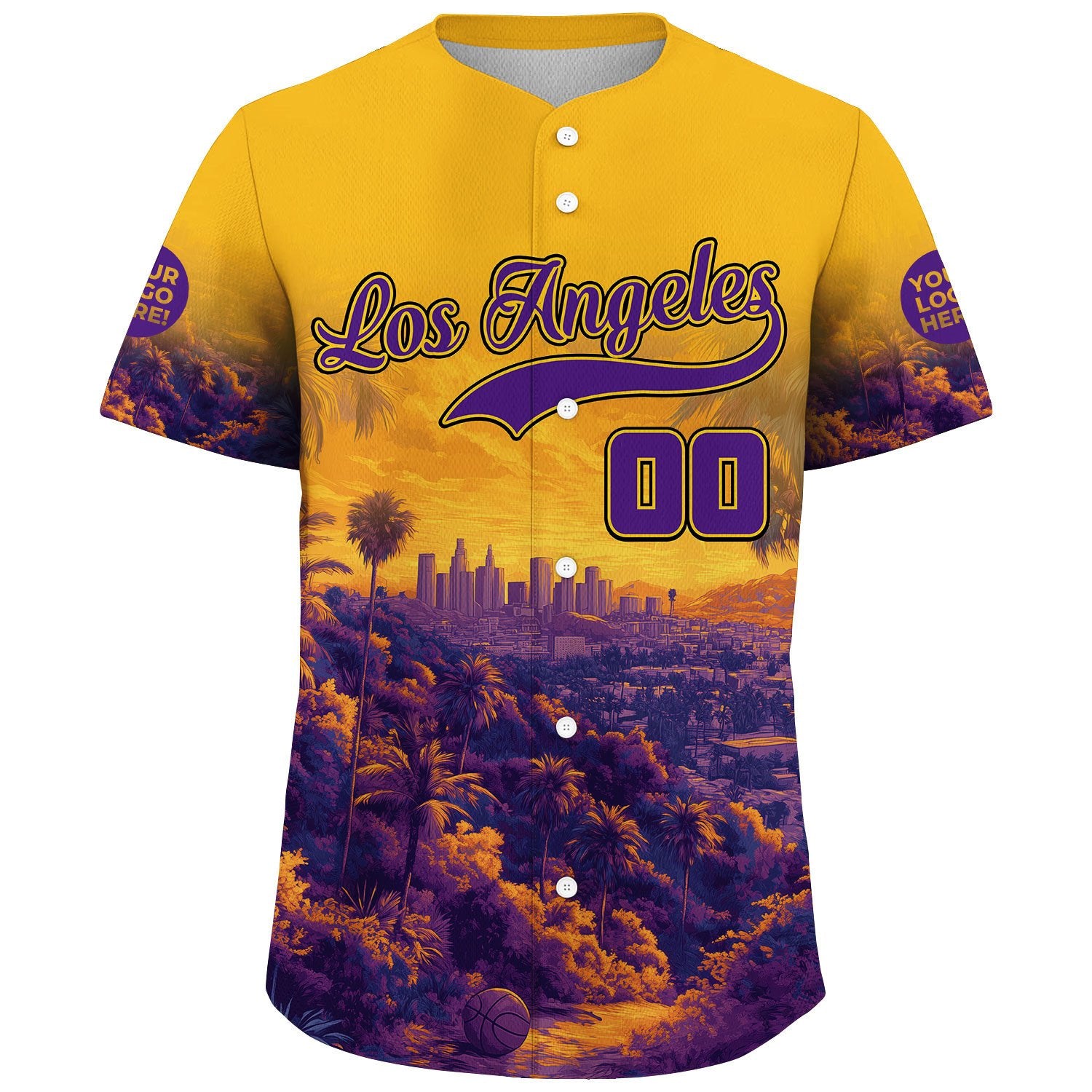 Gold Purple Los Angeles Summer Sunset City Skyline Tropical Hill View Custom Name Baseball Jerseys For Men & Women