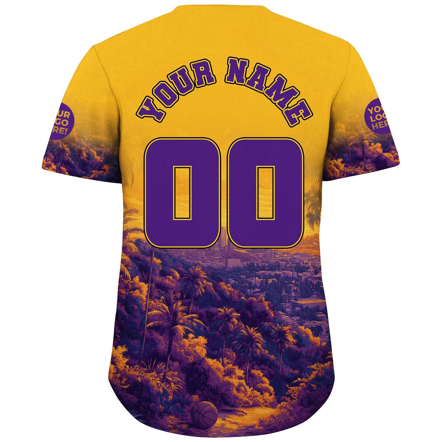 Gold Purple Los Angeles Summer Sunset City Skyline Tropical Hill View Custom Name Baseball Jerseys For Men & Women
