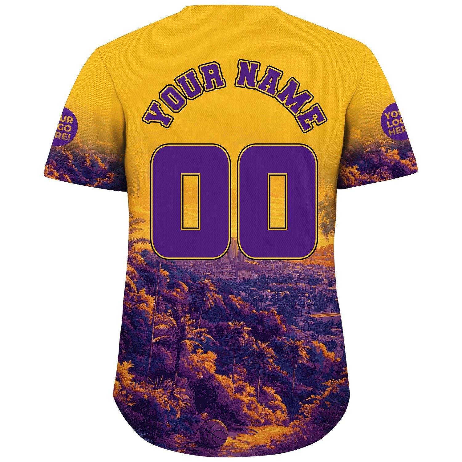 Gold Purple Los Angeles Summer Sunset City Skyline Tropical Hill View Custom Name Baseball Jerseys For Men & Women