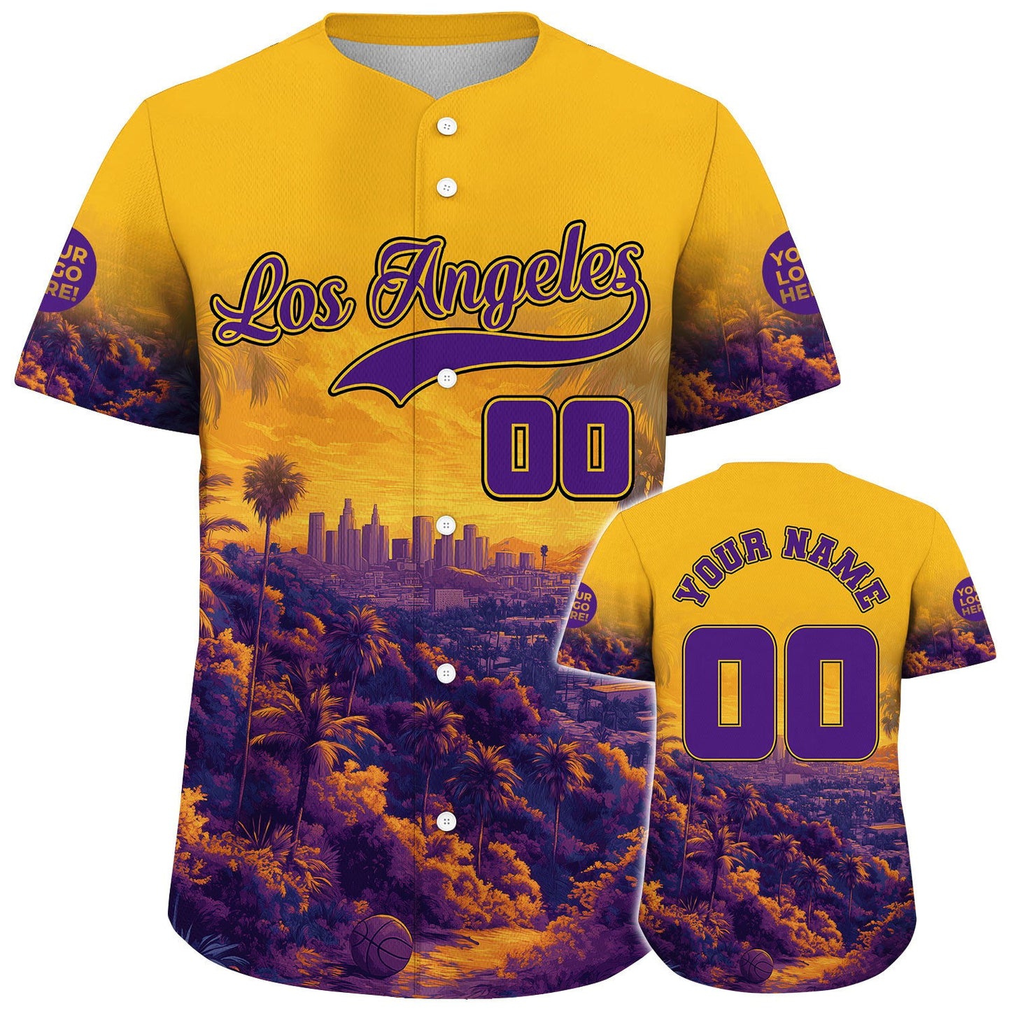 Gold Purple Los Angeles Summer Sunset City Skyline Tropical Hill View Custom Name Baseball Jerseys For Men & Women