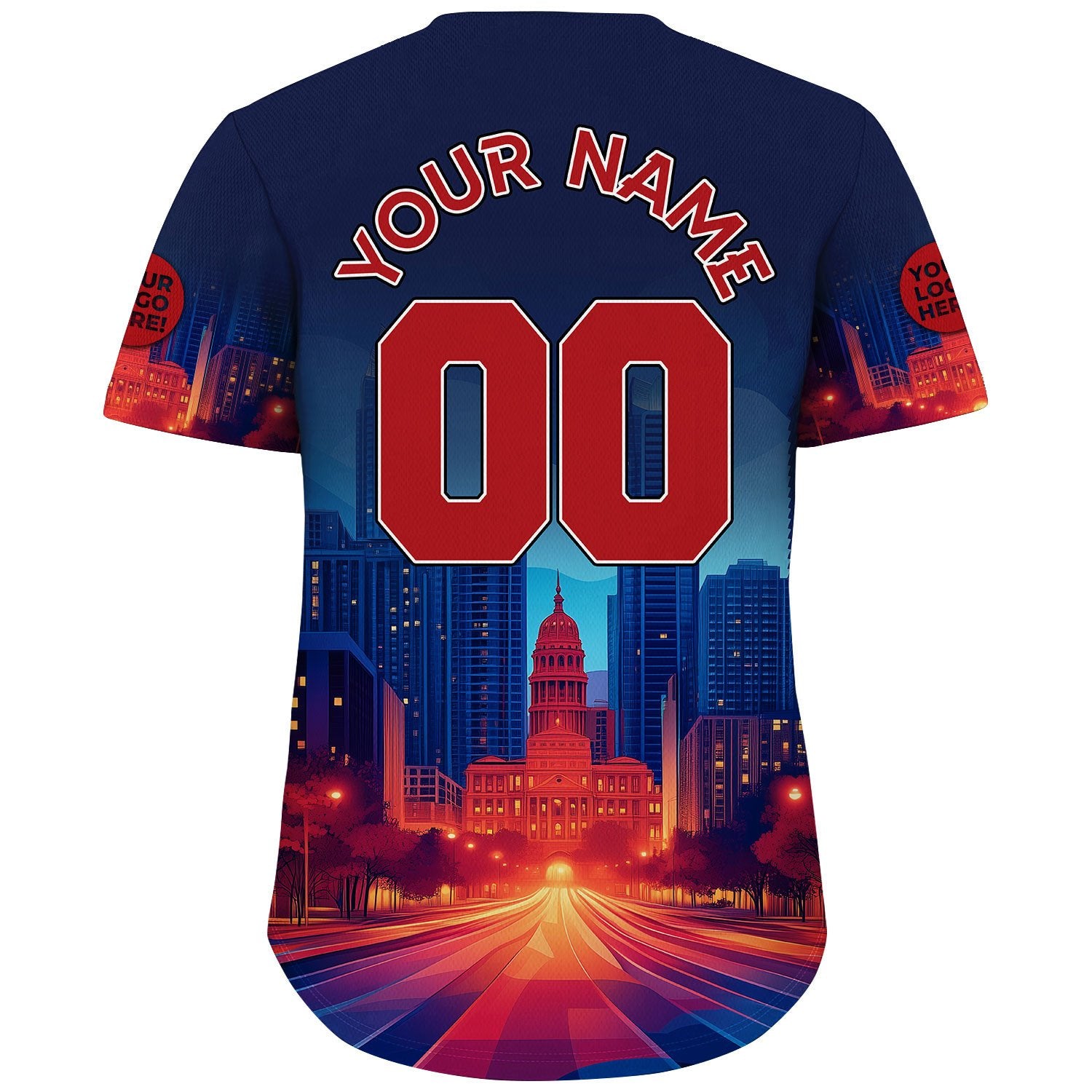 Red Navy Austin Texas State Capitol Avenue In Night Custom Name Baseball Jerseys For Men & Women