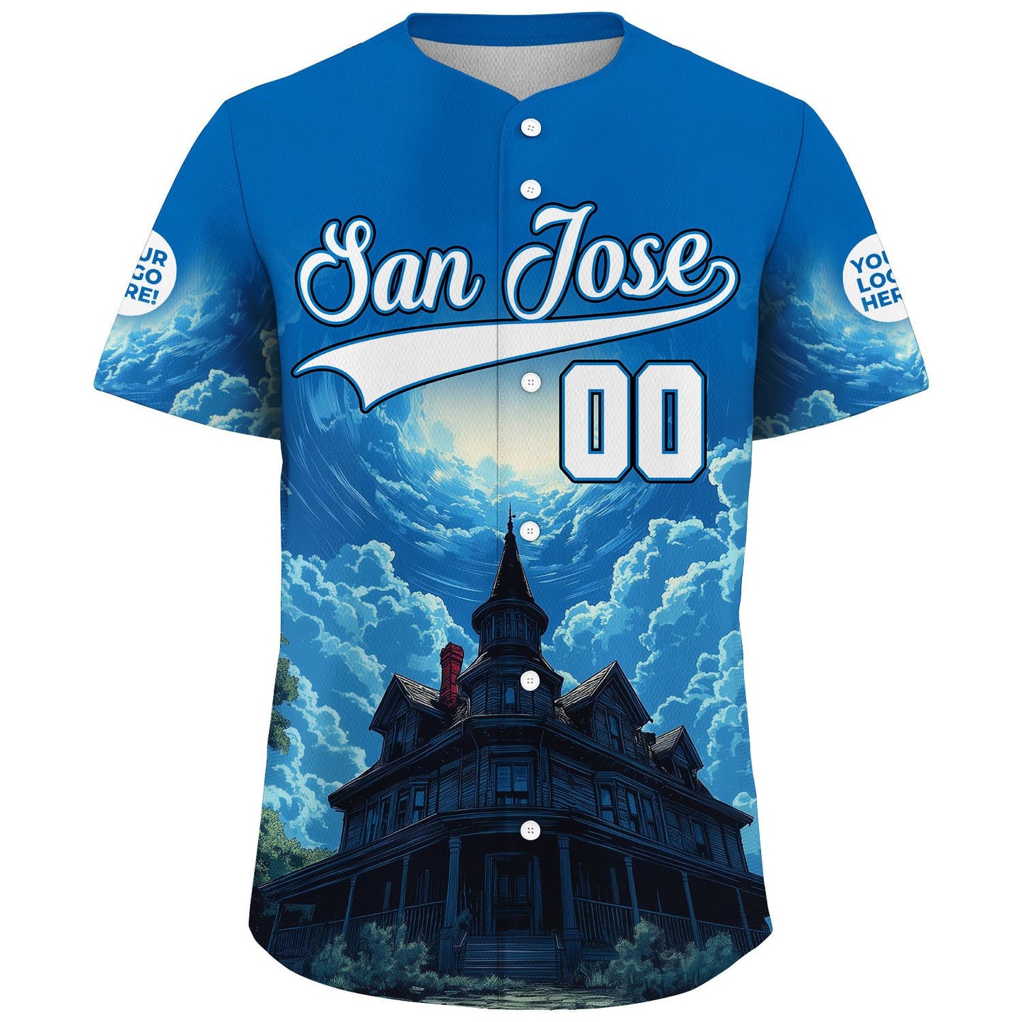 White Blue San Jose Winchester Mystery House Skyline Custom Name Baseball Jerseys For Men & Women