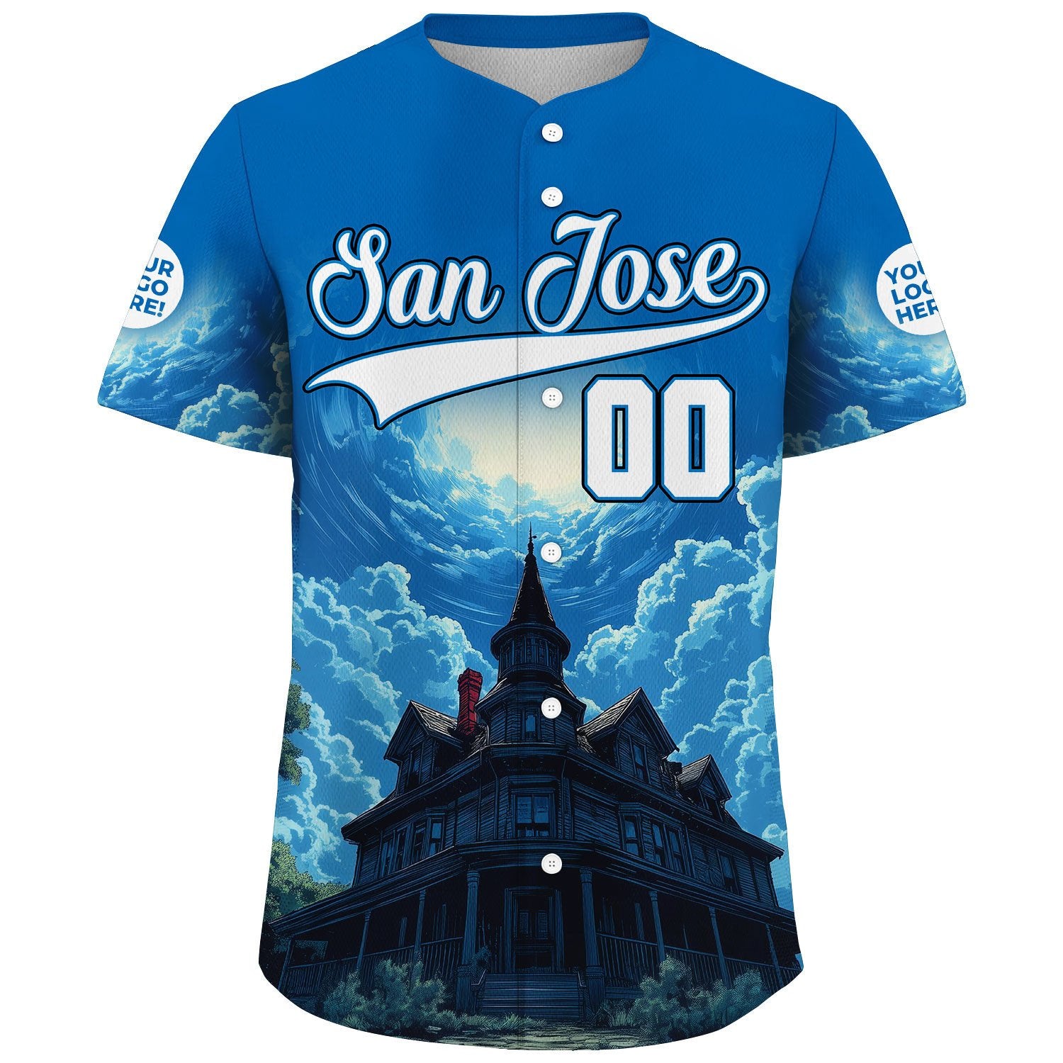 White Blue San Jose Winchester Mystery House Skyline Custom Name Baseball Jerseys For Men & Women