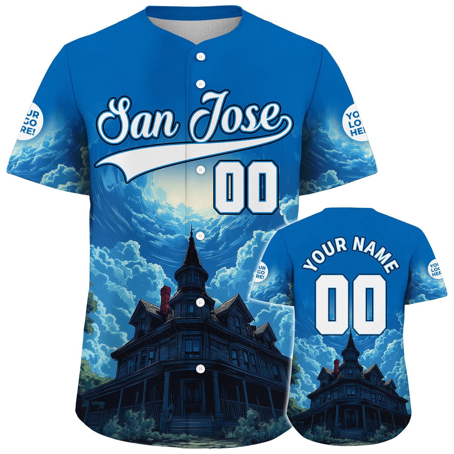 White Blue San Jose Winchester Mystery House Skyline Custom Name Baseball Jerseys For Men & Women