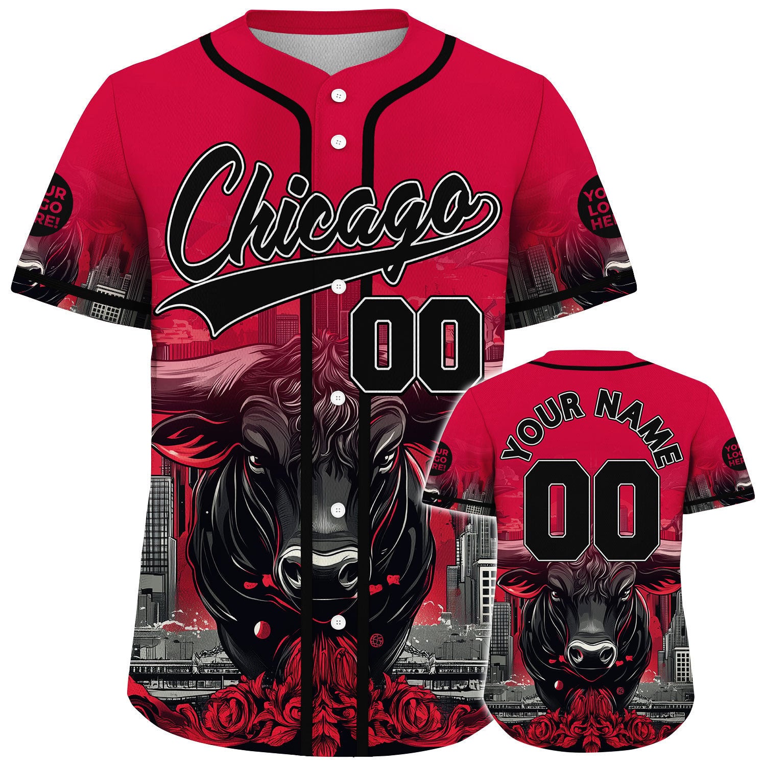 Black Red Chicago Illinois Brave Bull Rose City Custom Name Baseball Jerseys For Men & Women