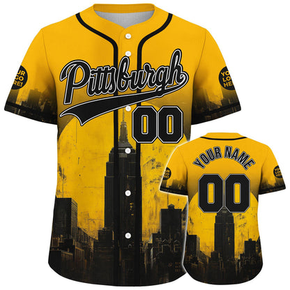 Black Gold Pittsburgh Pennsylvania Gulf Tower Shadow Custom Name Baseball Jerseys For Men & Women