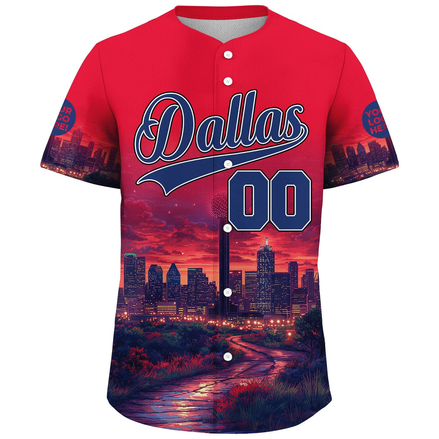 Bovine Blue Republic Red Dallas Texas Reunion Tower City Night Skyline Custom Name Baseball Jerseys For Men & Women
