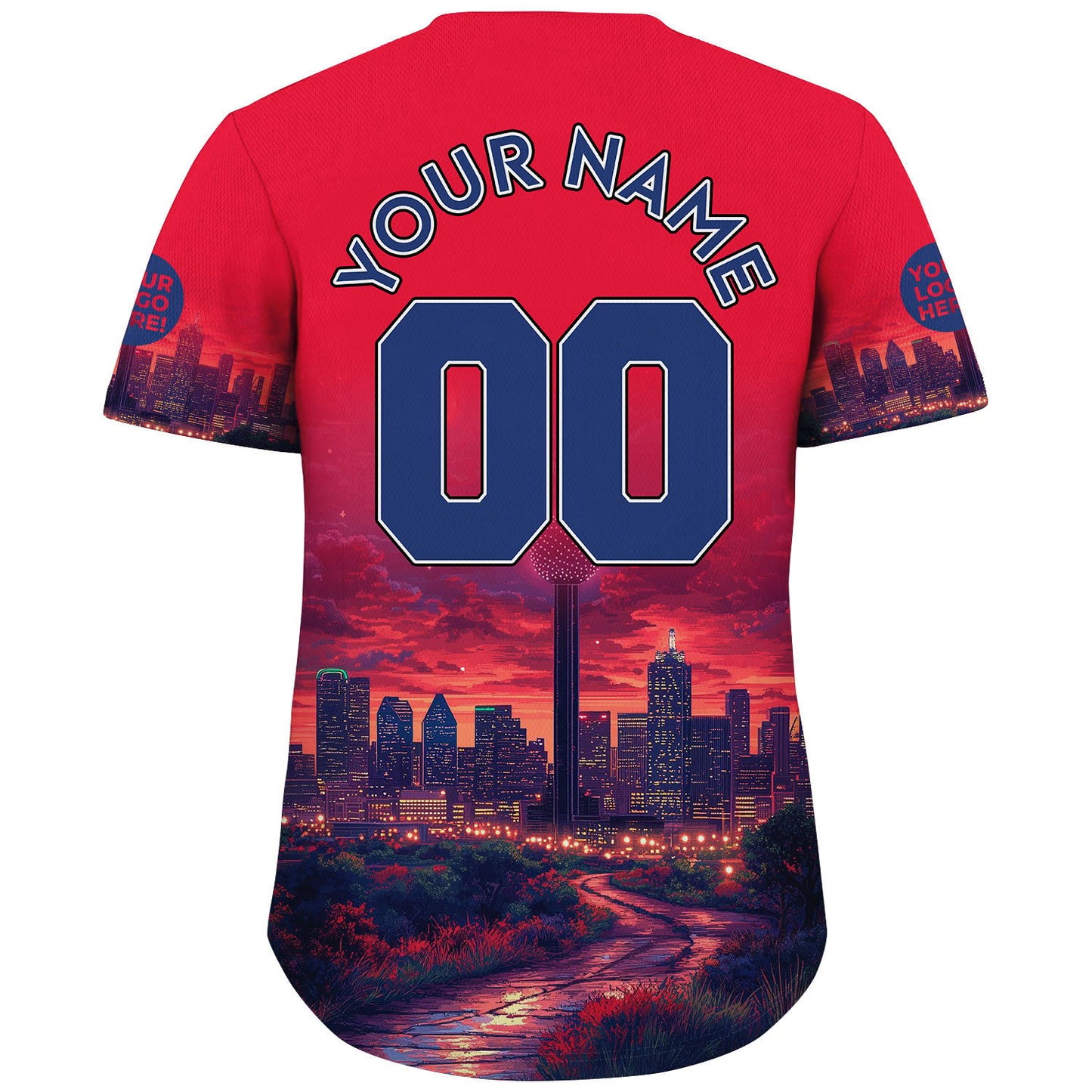 Bovine Blue Republic Red Dallas Texas Reunion Tower City Night Skyline Custom Name Baseball Jerseys For Men & Women