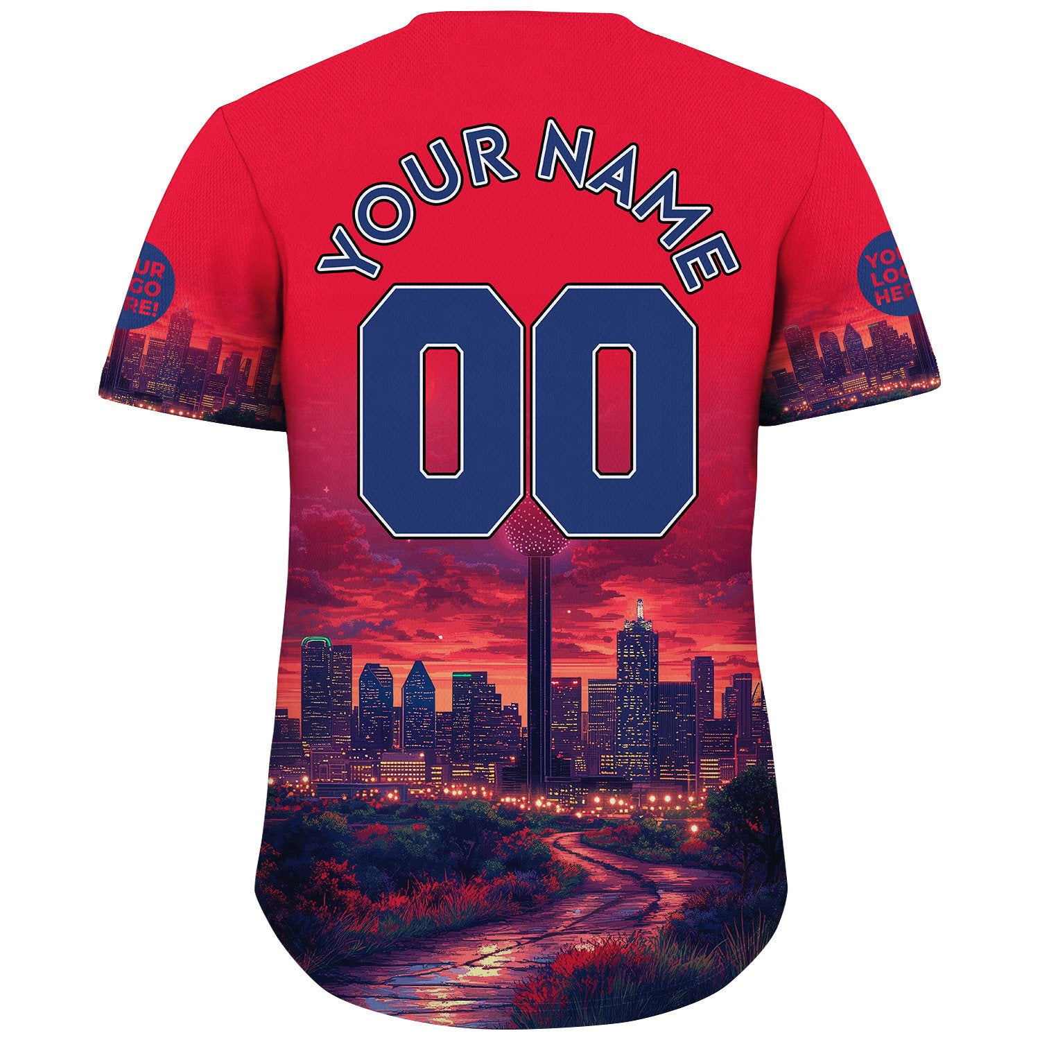 Bovine Blue Republic Red Dallas Texas Reunion Tower City Night Skyline Custom Name Baseball Jerseys For Men & Women
