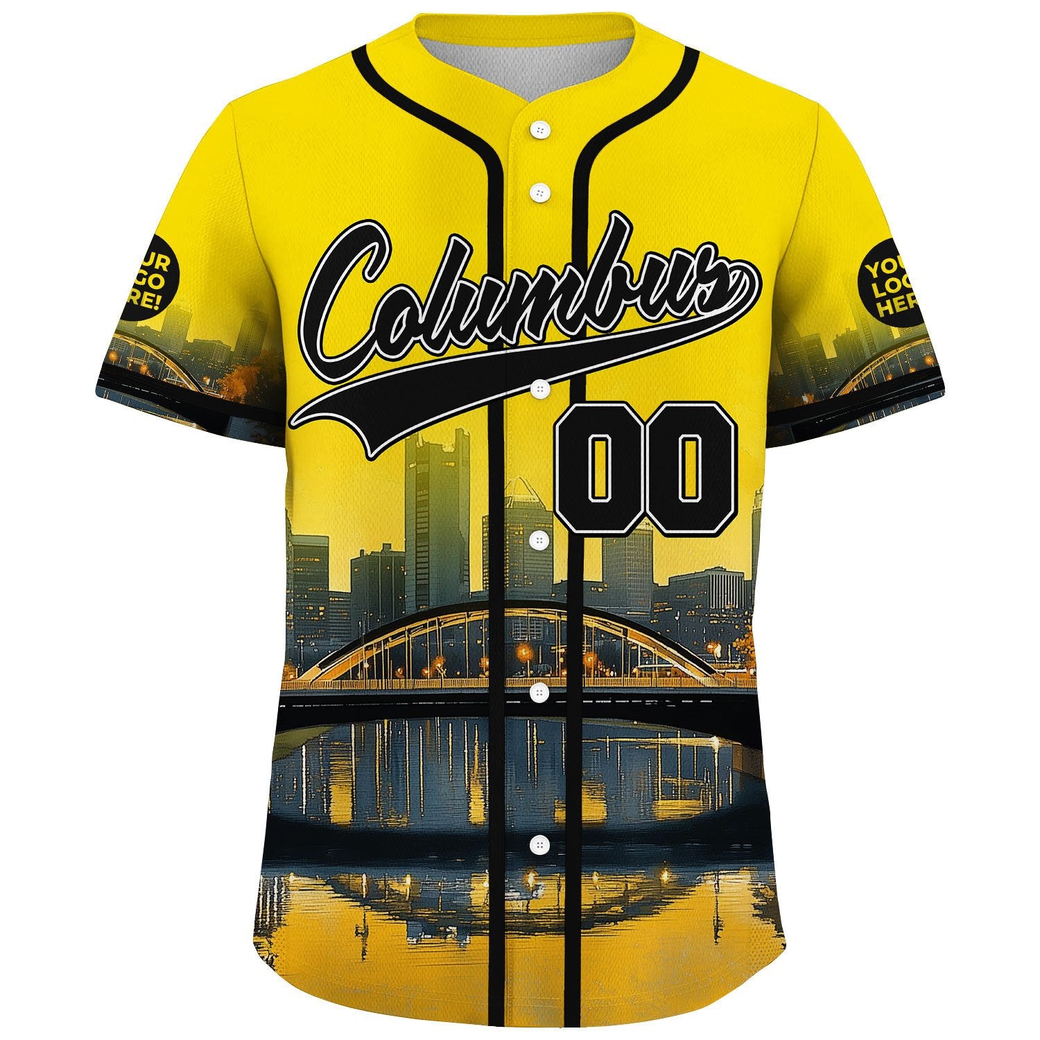 Black Gold Columbus Ohio Main Street Bridge River View Custom Name Baseball Jerseys For Men & Women
