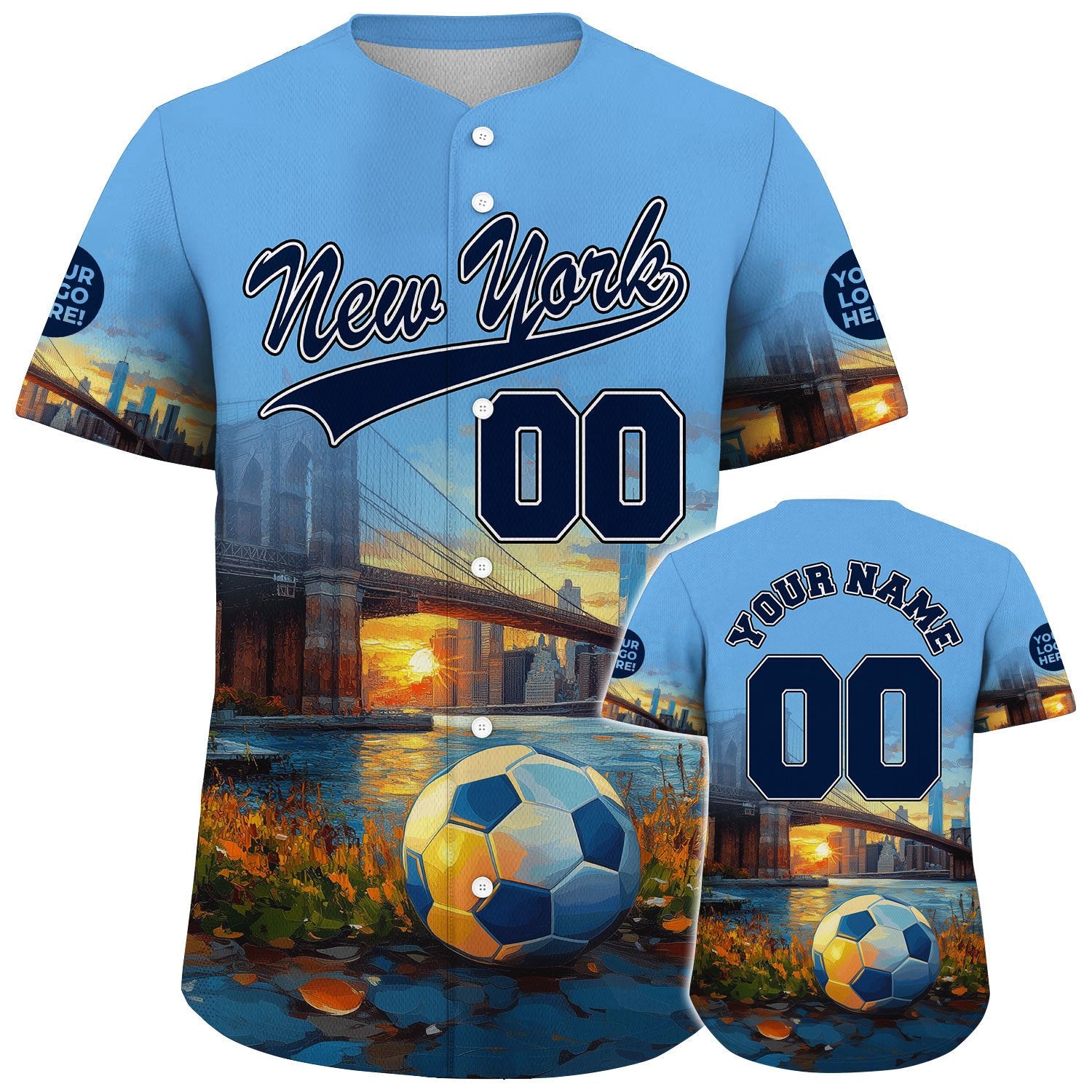 Obsidian Blue Sky Blue New York Brooklyn Bridge Sunset River View Custom Name Baseball Jerseys For Men & Women
