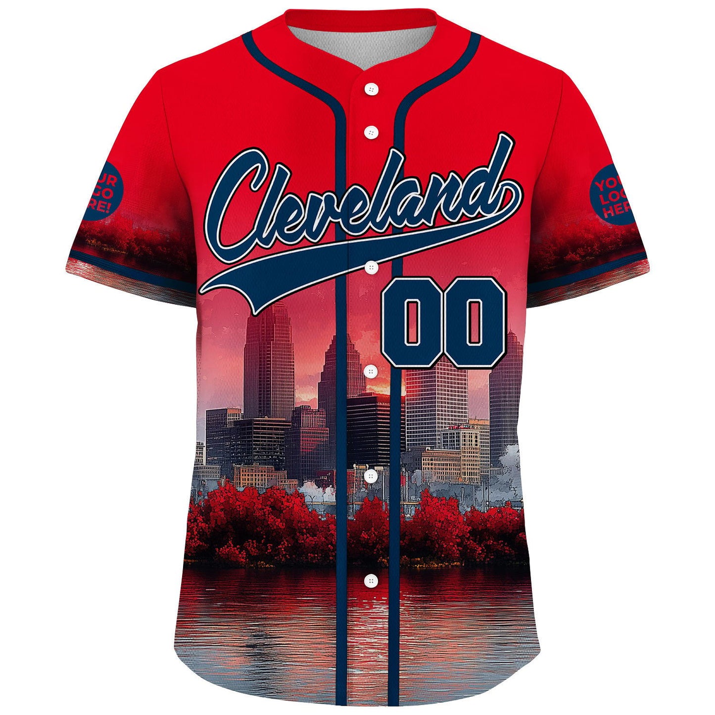 Navy Red Cleveland Ohio Key Tower Cuyahoga River Autumn Sunset Custom Name Baseball Jerseys For Men & Women