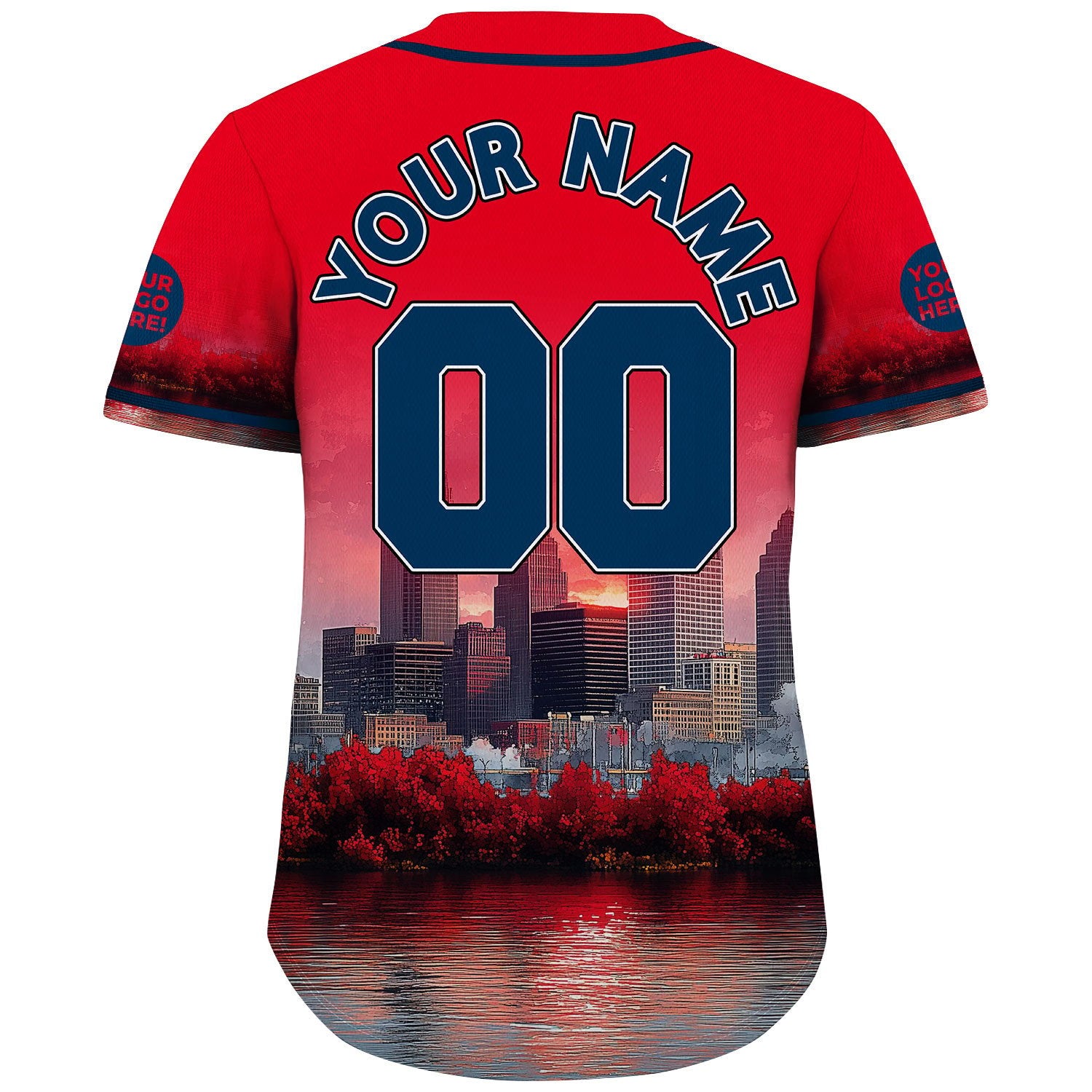 Navy Red Cleveland Ohio Key Tower Cuyahoga River Autumn Sunset Custom Name Baseball Jerseys For Men & Women