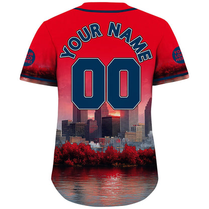 Navy Red Cleveland Ohio Key Tower Cuyahoga River Autumn Sunset Custom Name Baseball Jerseys For Men & Women
