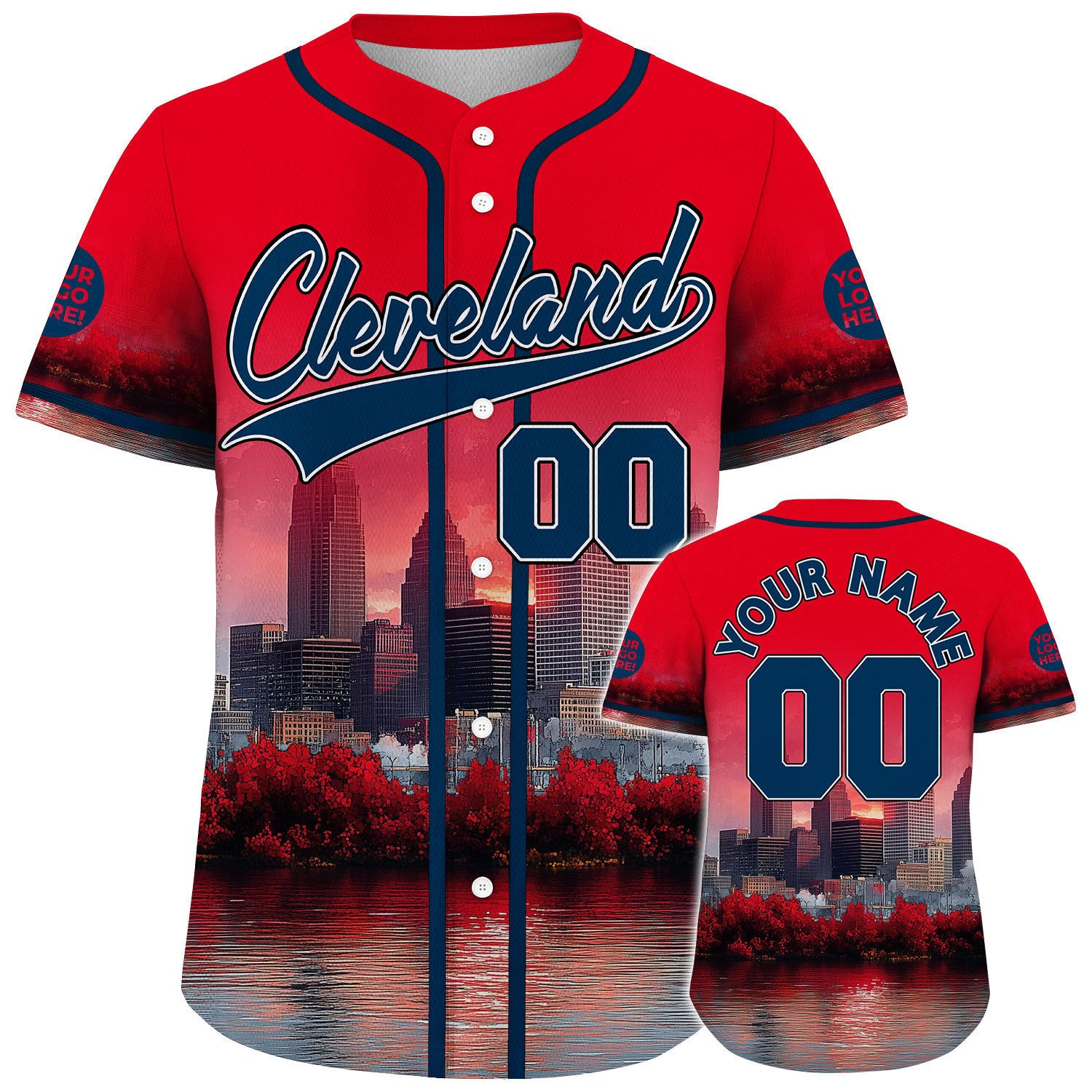 Navy Red Cleveland Ohio Key Tower Cuyahoga River Autumn Sunset Custom Name Baseball Jerseys For Men & Women