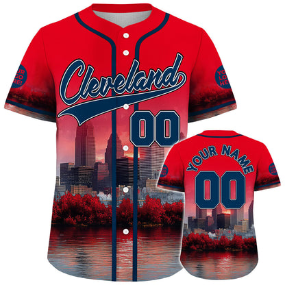 Navy Red Cleveland Ohio Key Tower Cuyahoga River Autumn Sunset Custom Name Baseball Jerseys For Men & Women