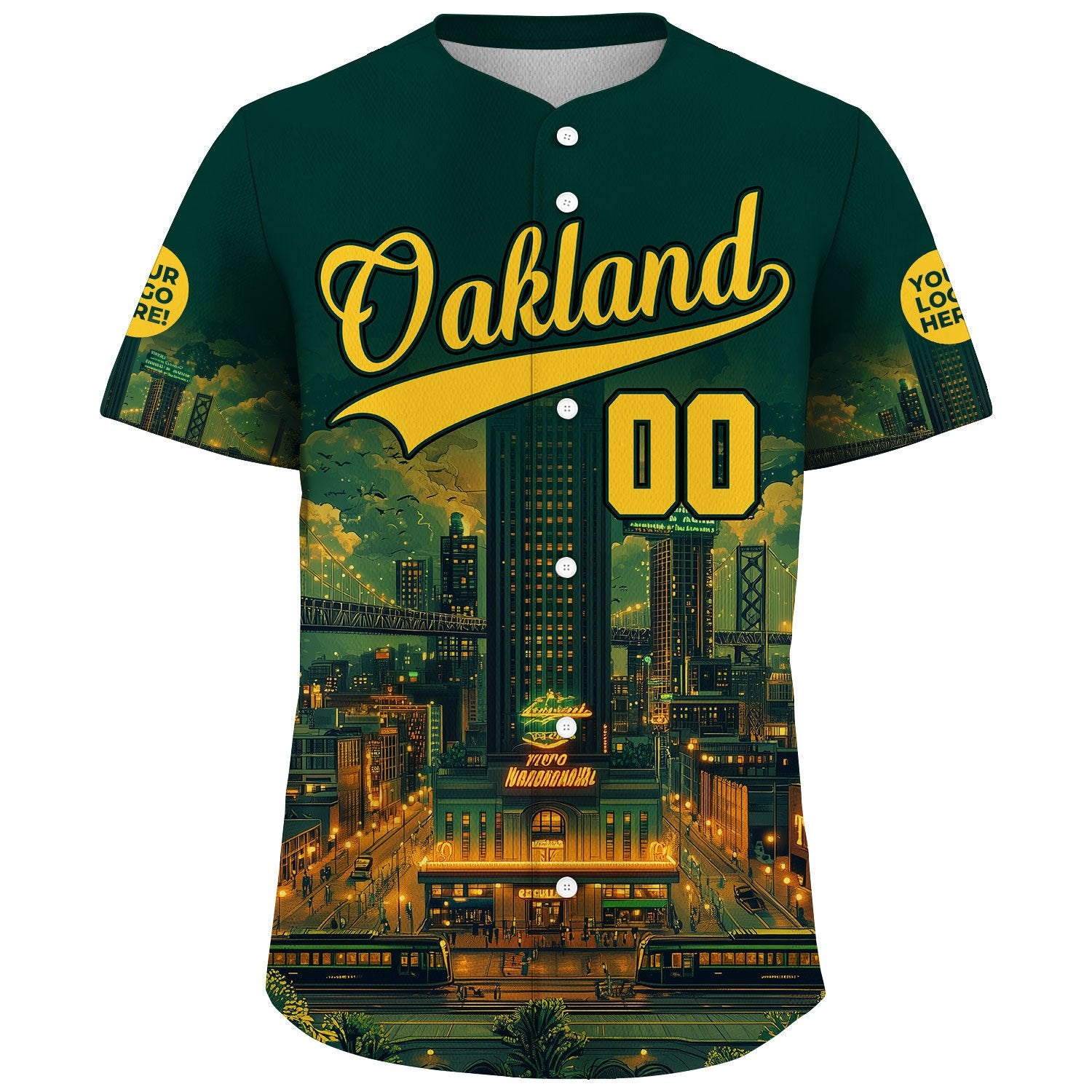 Golden Green Oakland California Tribune Building Bay Bridge Night Light Custom Name Baseball Jerseys For Men & Women