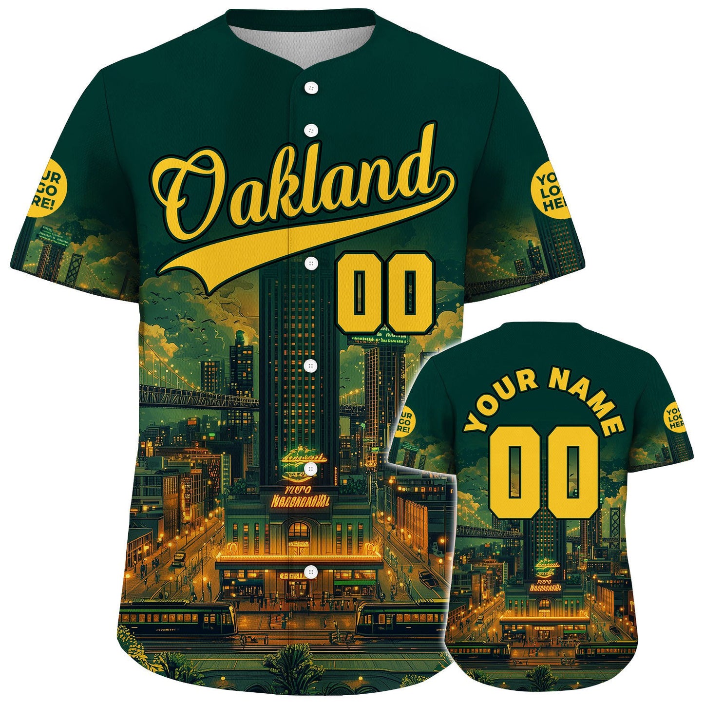 Golden Green Oakland California Tribune Building Bay Bridge Night Light Custom Name Baseball Jerseys For Men & Women