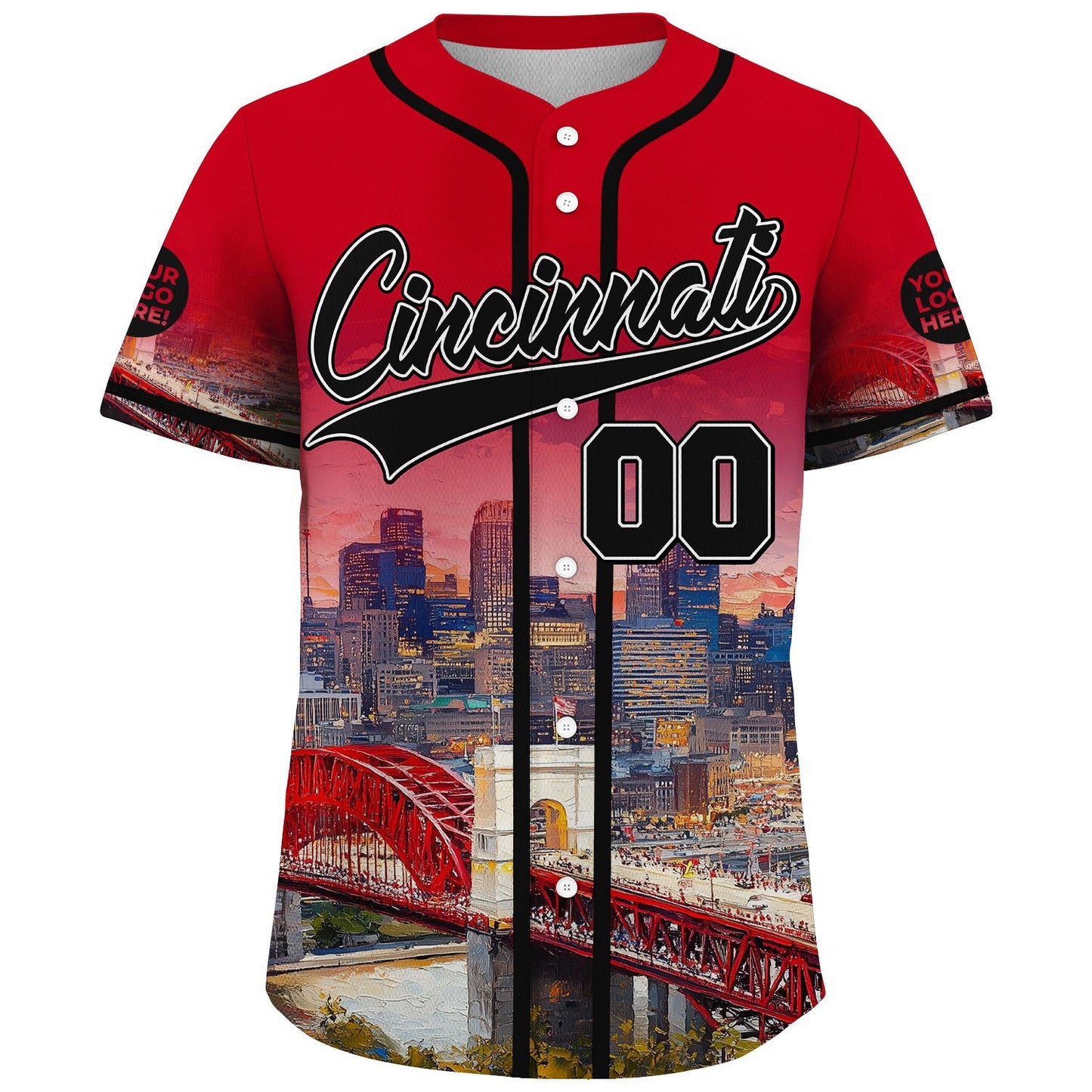 Black Red Cincinnati Ohio John A Roebling Suspension Bridge River View Custom Name Baseball Jerseys For Men & Women