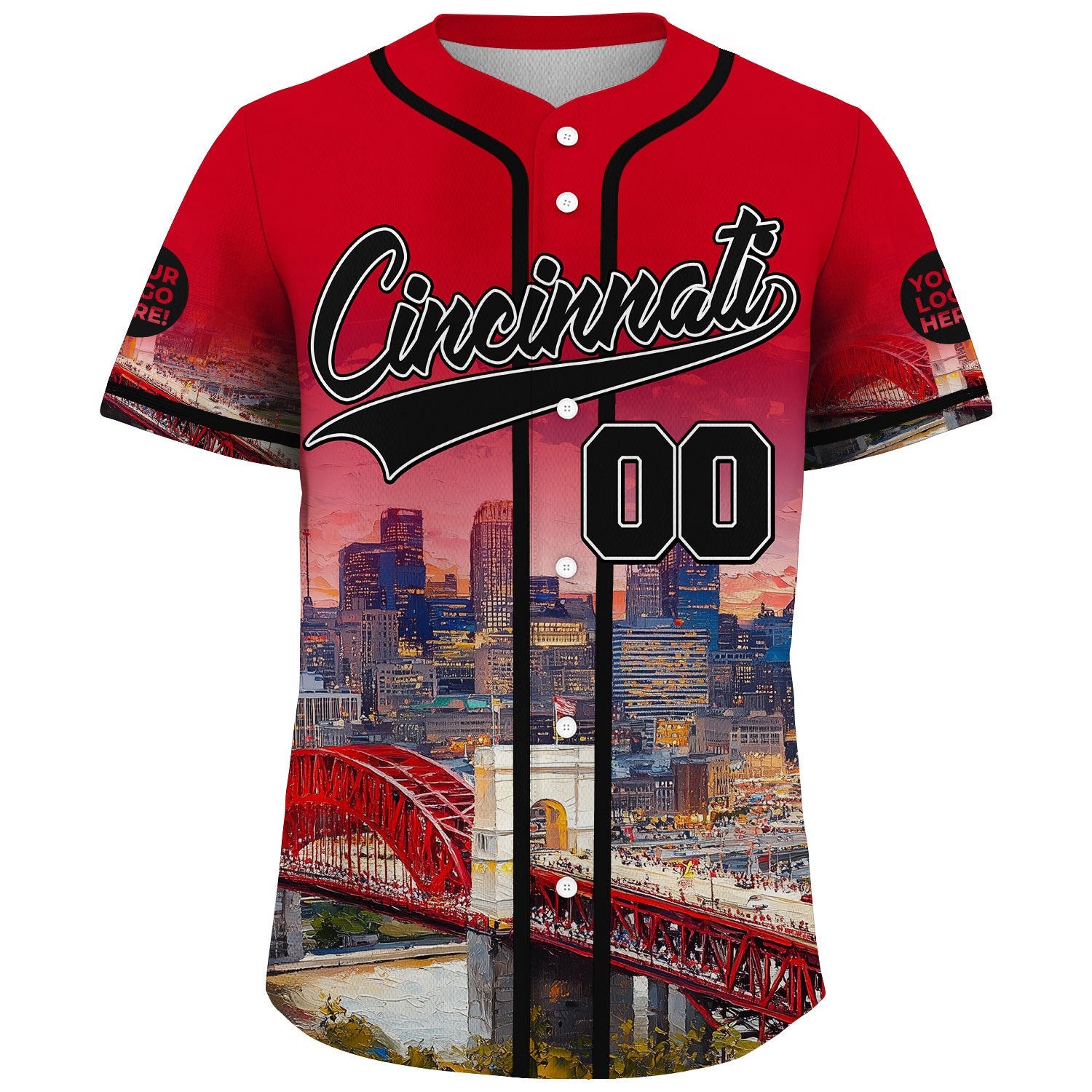Black Red Cincinnati Ohio John A Roebling Suspension Bridge River View Custom Name Baseball Jerseys For Men & Women