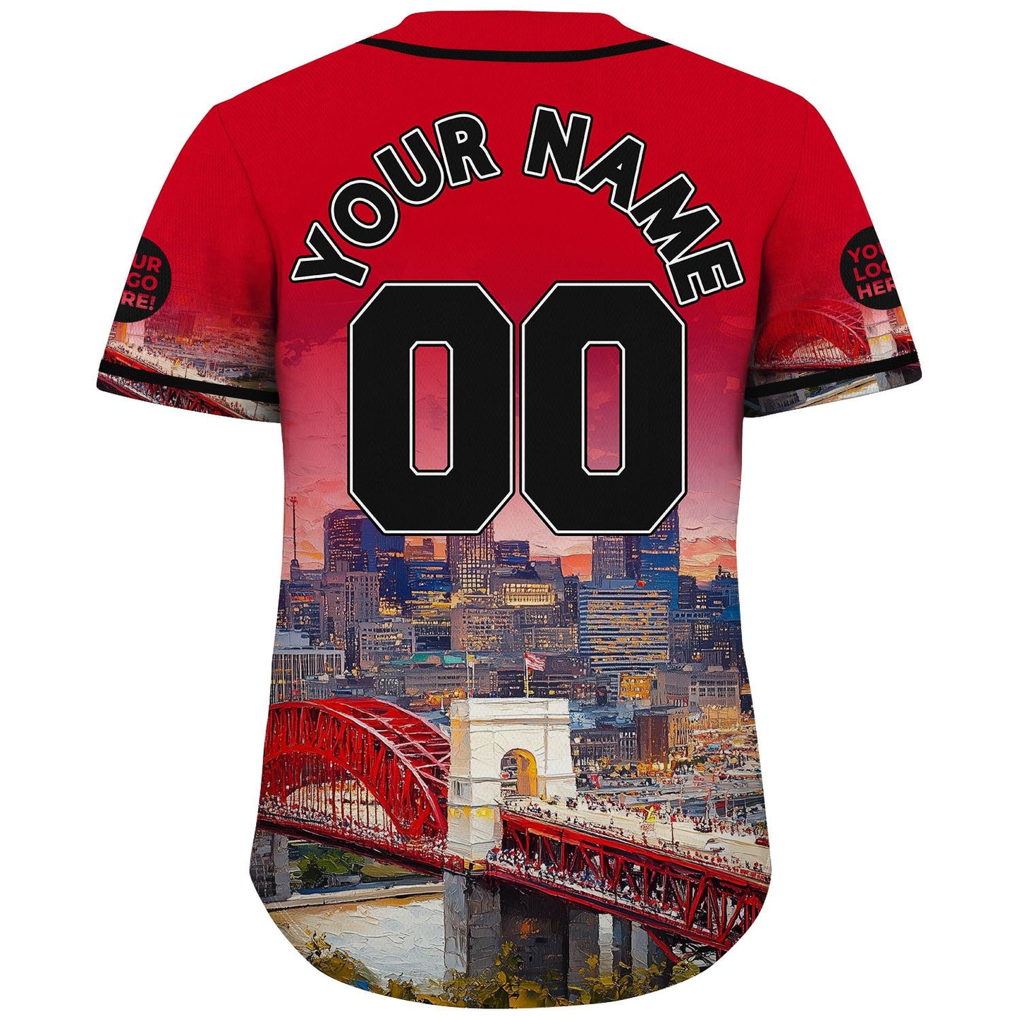 Black Red Cincinnati Ohio John A Roebling Suspension Bridge River View Custom Name Baseball Jerseys For Men & Women