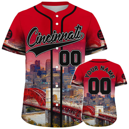 Black Red Cincinnati Ohio John A Roebling Suspension Bridge River View Custom Name Baseball Jerseys For Men & Women