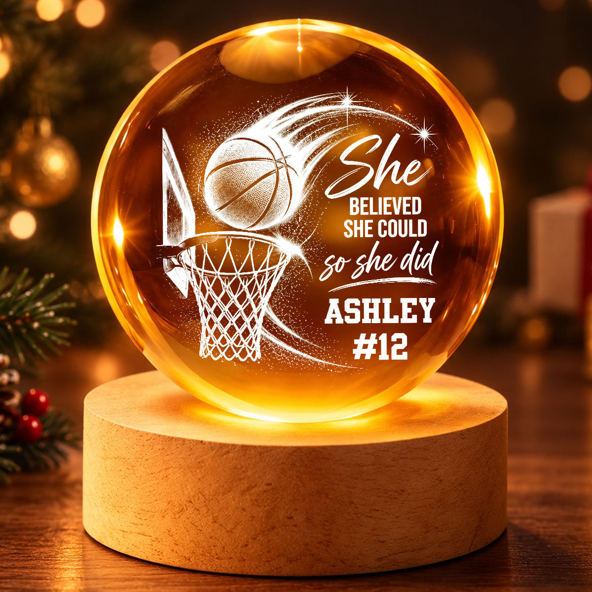 Proud Basketball Player Name And Number - Personalized Crystal Ball LED Night Light