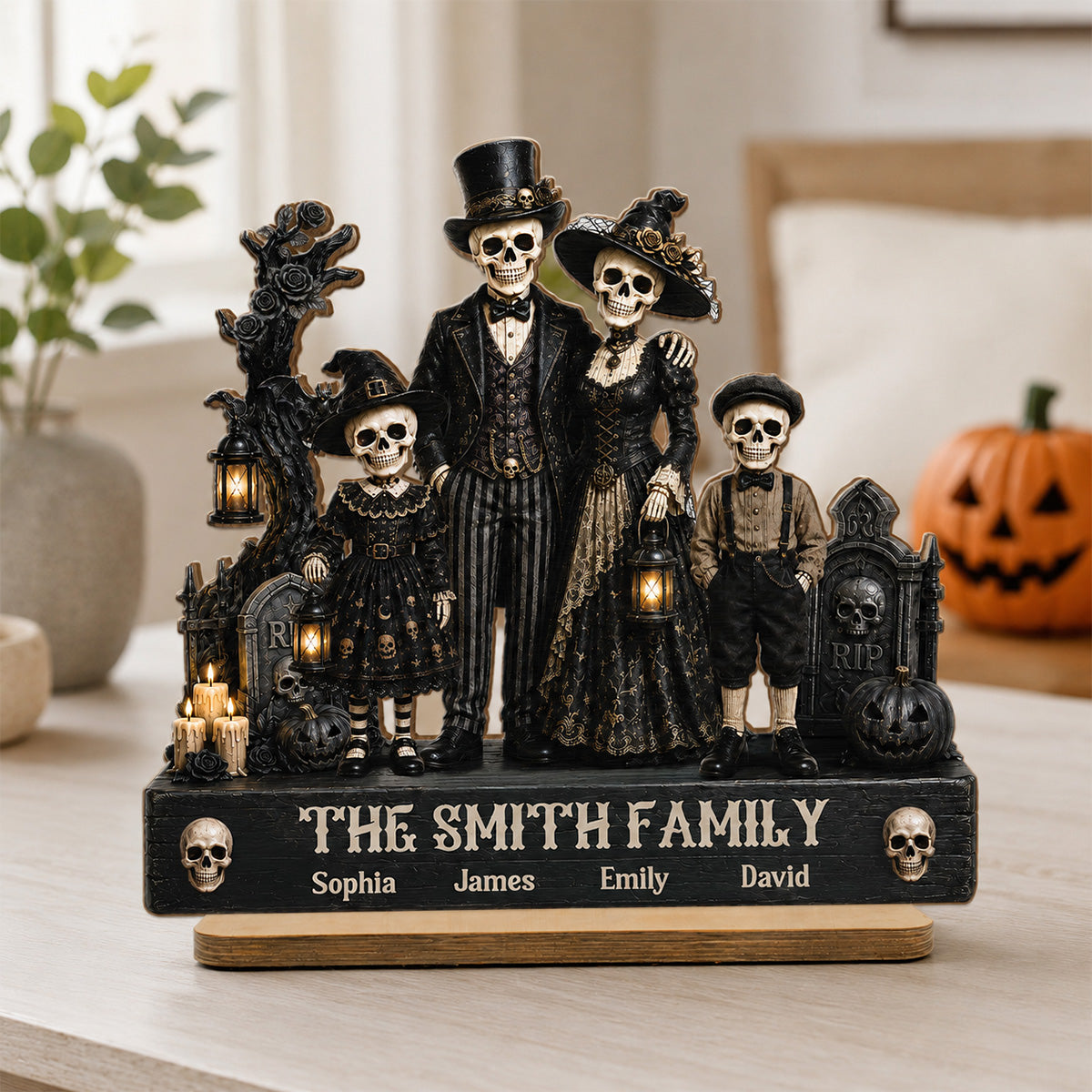 Gothic Skeleton Family 2D Flat - Personalized Wooden Plaque - Halloween Decoration