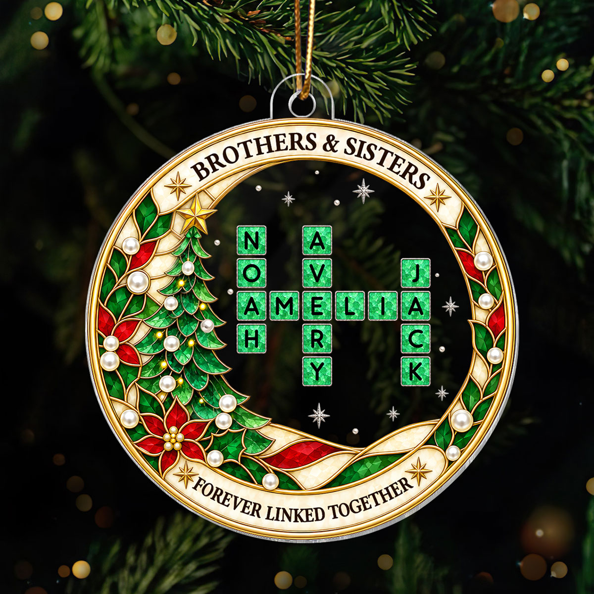 Christmas Tree Brothers & Sisters Forever Linked Together Crossword Custom Names - Personalized Acrylic Ornament