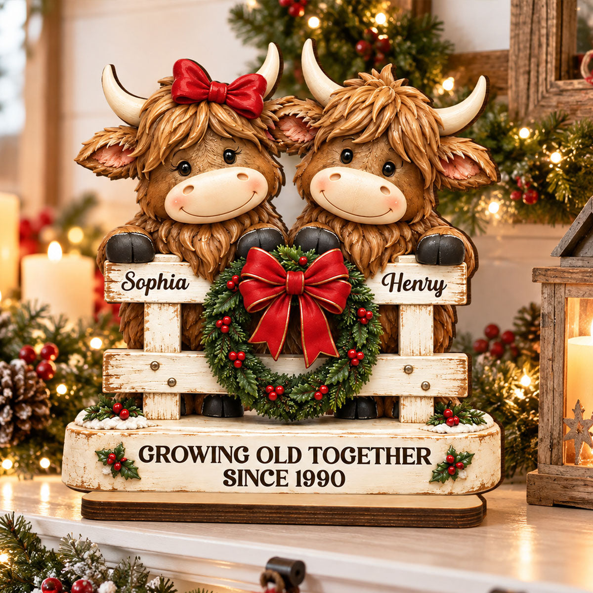 Happy Highland Cows Couple Christmas Fence personalized wooden plaque