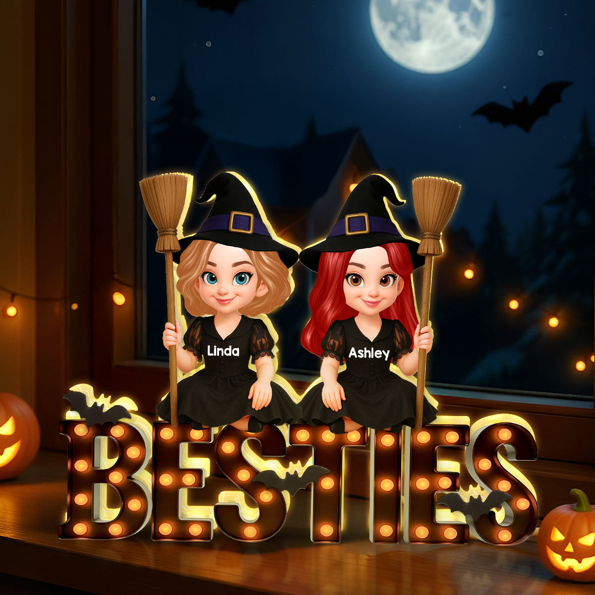 Halloween Besties Sisters Witches Sitting On Marquee - Personalized Light Box - Gift For Sister, Best Friend