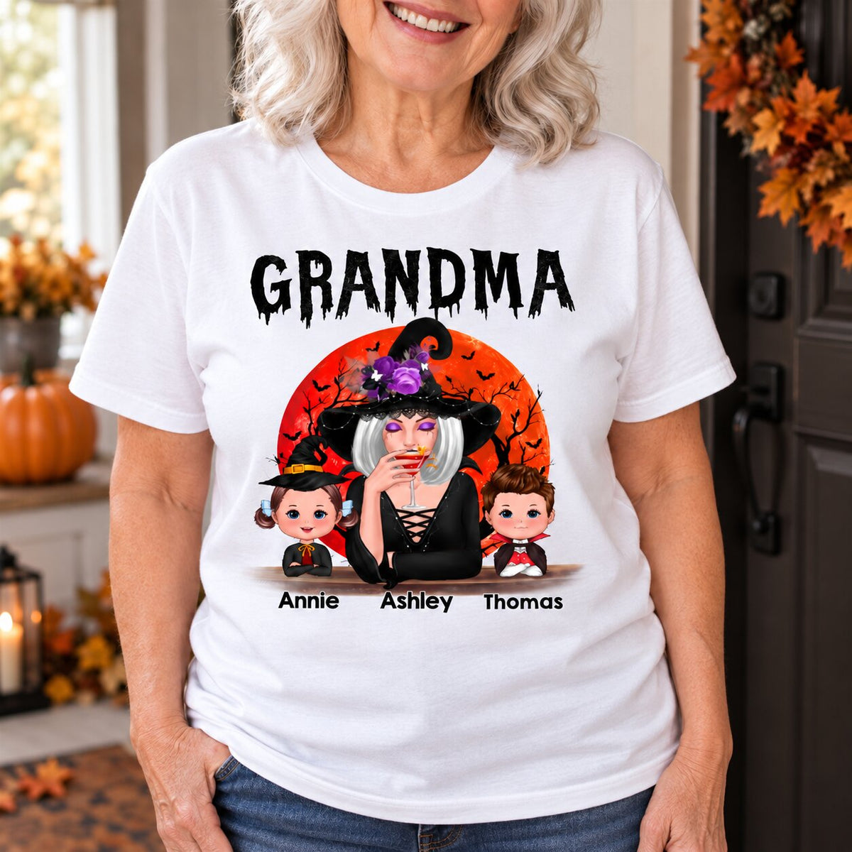 Halloween Moon Grandma Mom Witch With Grandkids - Personalized Shirt - Gift For Mom, Grandma