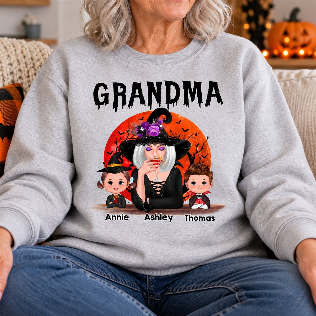 Halloween Moon Grandma Mom Witch With Grandkids - Personalized Shirt - Gift For Mom, Grandma