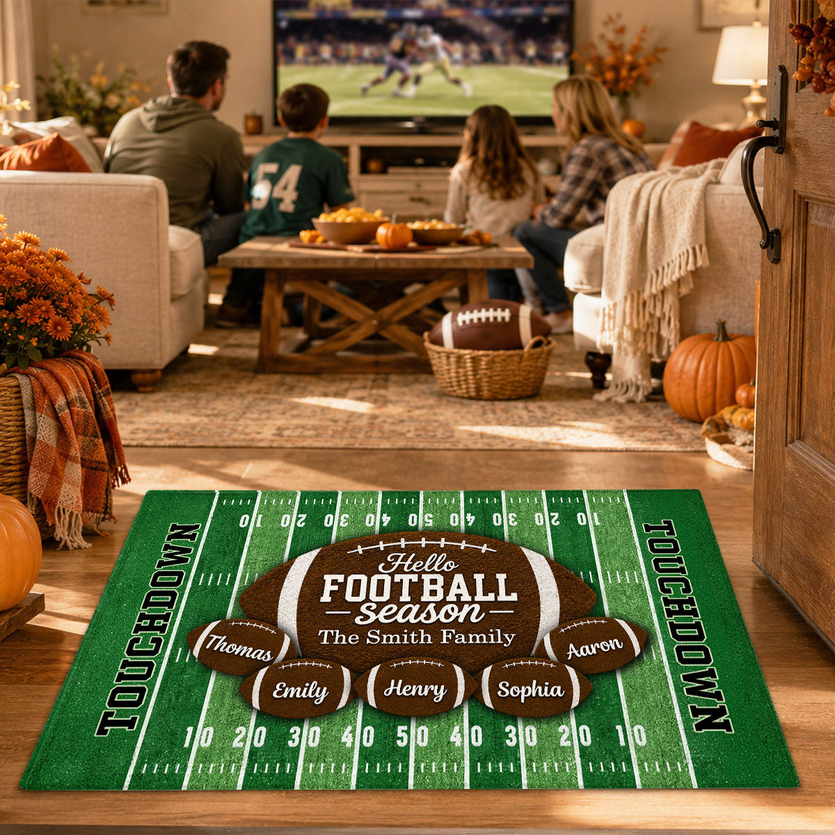 Hello Football Season personalized doormat at the door