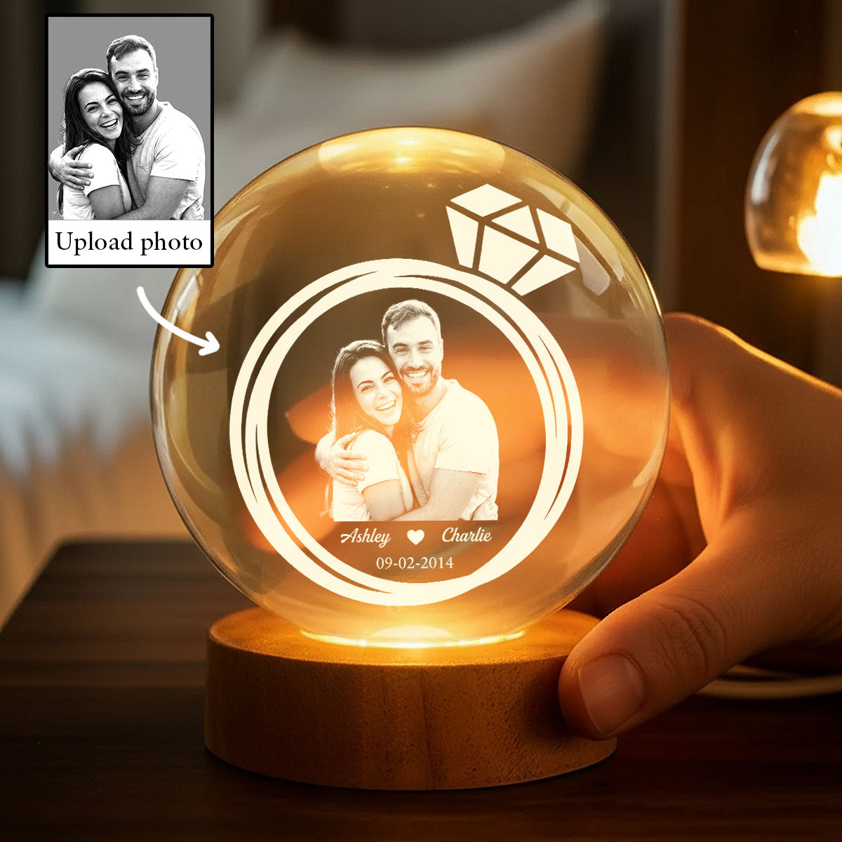 Eternal Love Custom Couple Photo Inside Ring - Personalized Crystal Ball LED Night Light