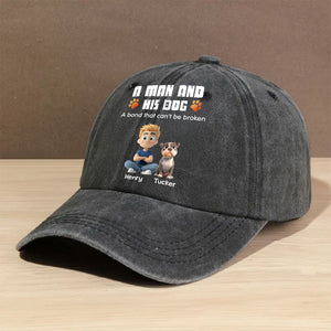 Human And Their Dog Cartoon Personalized Vintage Washed Denim Cap