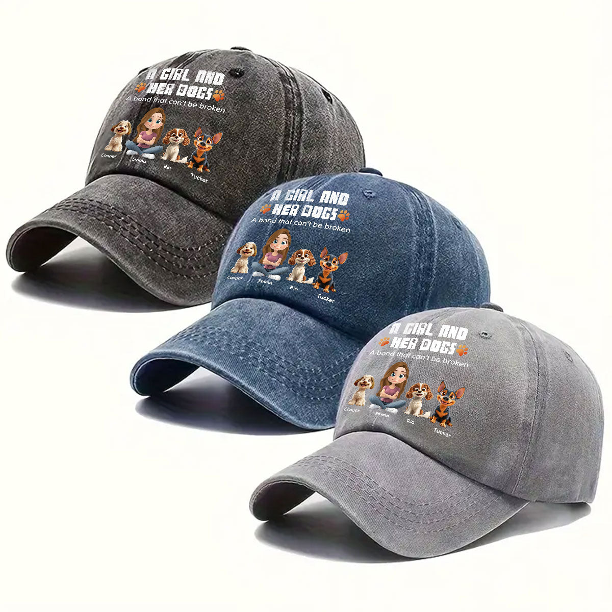 Human And Their Dog Cartoon Personalized Vintage Washed Denim Cap