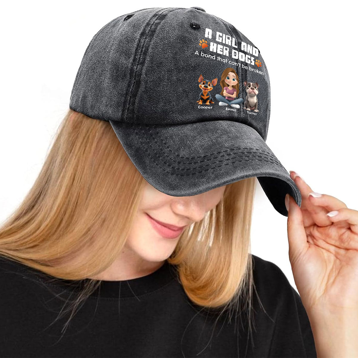 Human And Their Dog Cartoon Personalized Vintage Washed Denim Cap