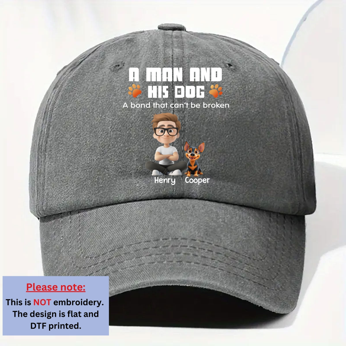 Human And Their Dog Cartoon Personalized Vintage Washed Denim Cap