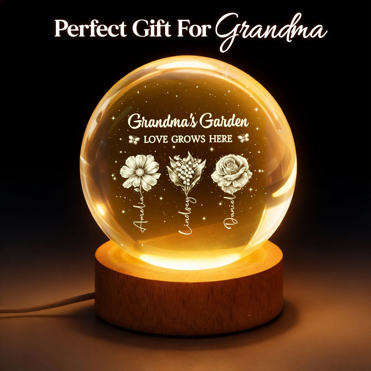 Grandma's Garden Custom Birth Month Flower - Personalized Crystal Ball LED Night Light