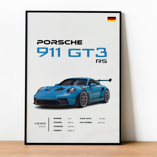 Porsche 911 GT3 RS Poster - High Performance Sports Car Print - Motorsport Wall Art - Office Wall Decor - Car Lovers Gift
